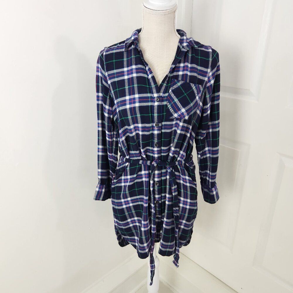 Gap Pendleton Top Womens XS Blue Plaid Tunic Shirt Dress Tie Soft Rayon Shirt